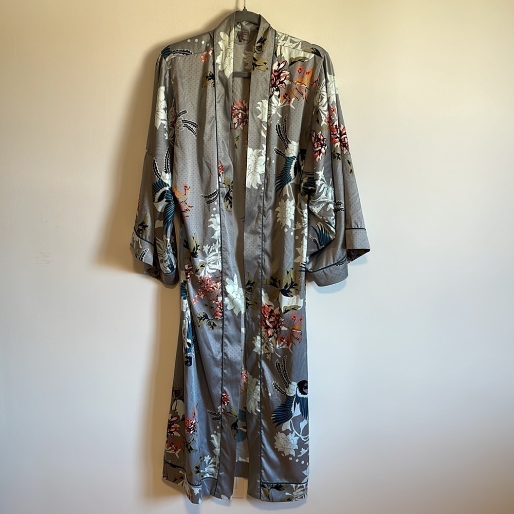 Chelsea 28 Gray Floral Kimono Bird Teal Green Duster Long Open Front S/M